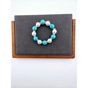 Faux Turquoise And Pearl Beaded Stretch Bracelet Rhinestone Chunky Stackable
